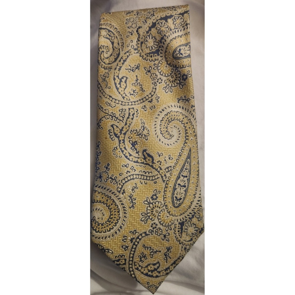 Vintage Tango by Max Raab Men's Silk Tie - Yellow & Blue Paisley Luxury Necktie